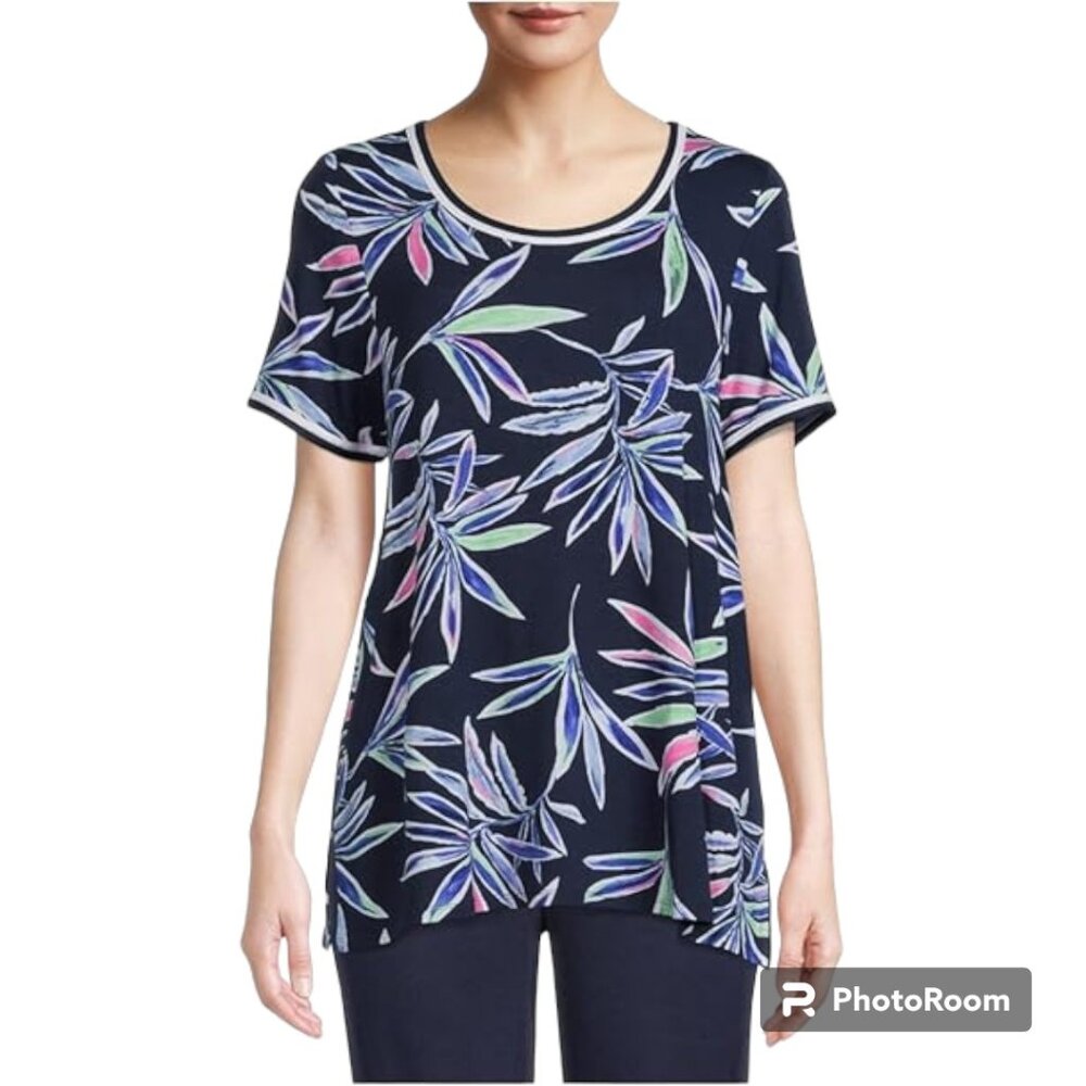 SECRET TREASURES women's short Sleeve Shirt navy blue floral Small (4-6) W-119